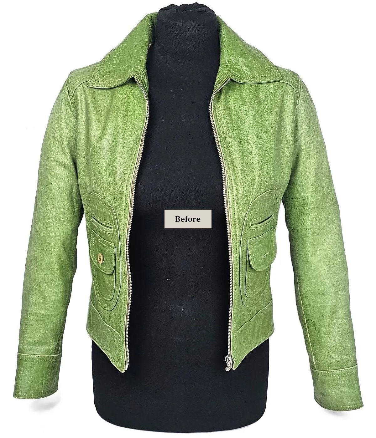 Dry green nappa leather jacket before restoration