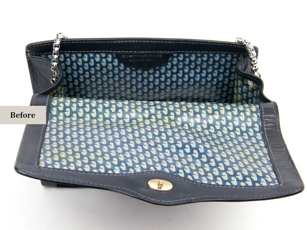 gucci-bag-interior-before-cleaning-nappa בטנה פנימית של תיק גוצי לפני ניקוי מקצועי במסגרת ריסטוריישן