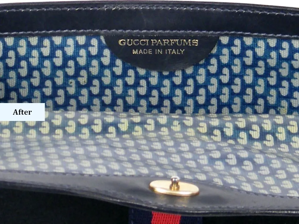gucci-parfums-made-in-italy-label-after-restoration תווית Gucci Parfums Made in Italy לאחר ריסטוריישן תיק וינטג'