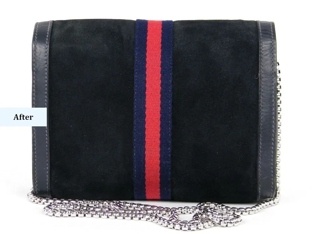 gucci-suede-bag-back-after-restoration תיק גוצי זמש שחור לאחר ריסטוריישן ושחזור עומק הצבע