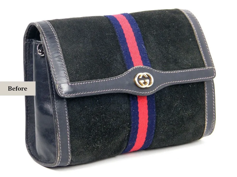 gucci-suede-bag-before-restoration-angle-nappa תיק גוצי זמש עם סימני שחיקה לפני ריסטוריישן מקצועי