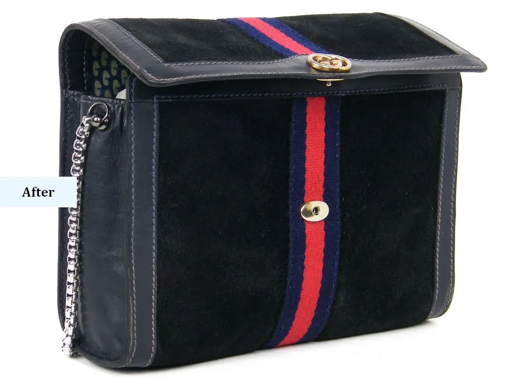 gucci-vintage-bag-open-after-restoration תיק גוצי וינטג' לאחר חידוש זמש וניקוי בטנה מקצועי