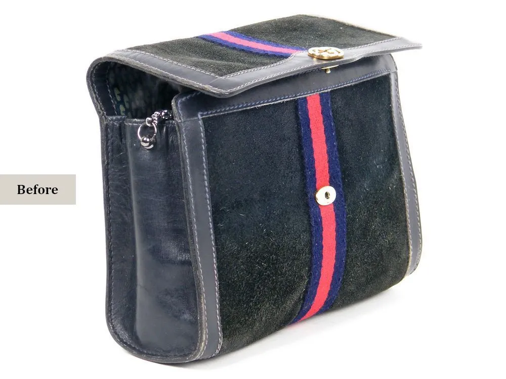 gucci-vintage-bag-open-before-restoration-nappa תיק גוצי וינטג' פתוח לפני ניקוי בטנה וחידוש זמש