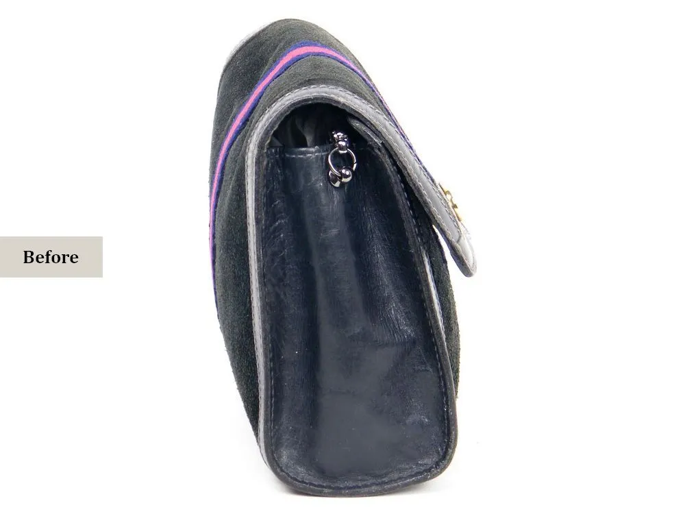 gucci-vintage-bag-side-before-restoration-nappa תיק גוצי וינטג' מבט צד לפני חידוש זמש והזנת עור