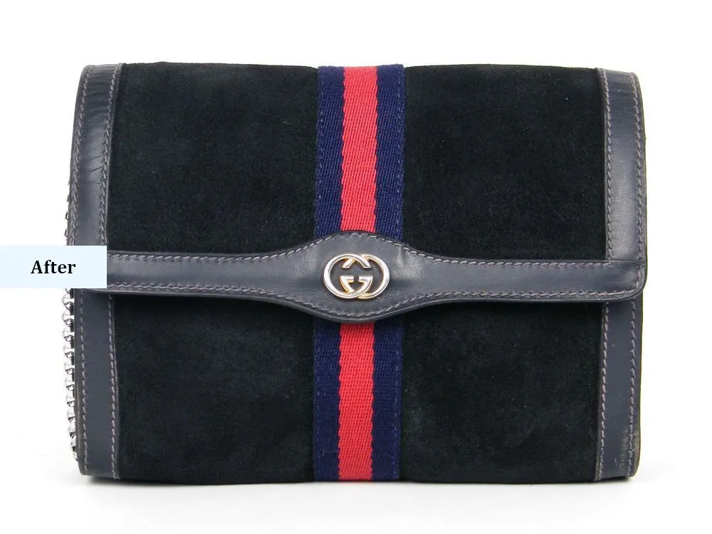 gucci-vintage-suede-bag-after-restoration-front תיק גוצי וינטג' לאחר חידוש זמש מקצועי – מבט קדמי