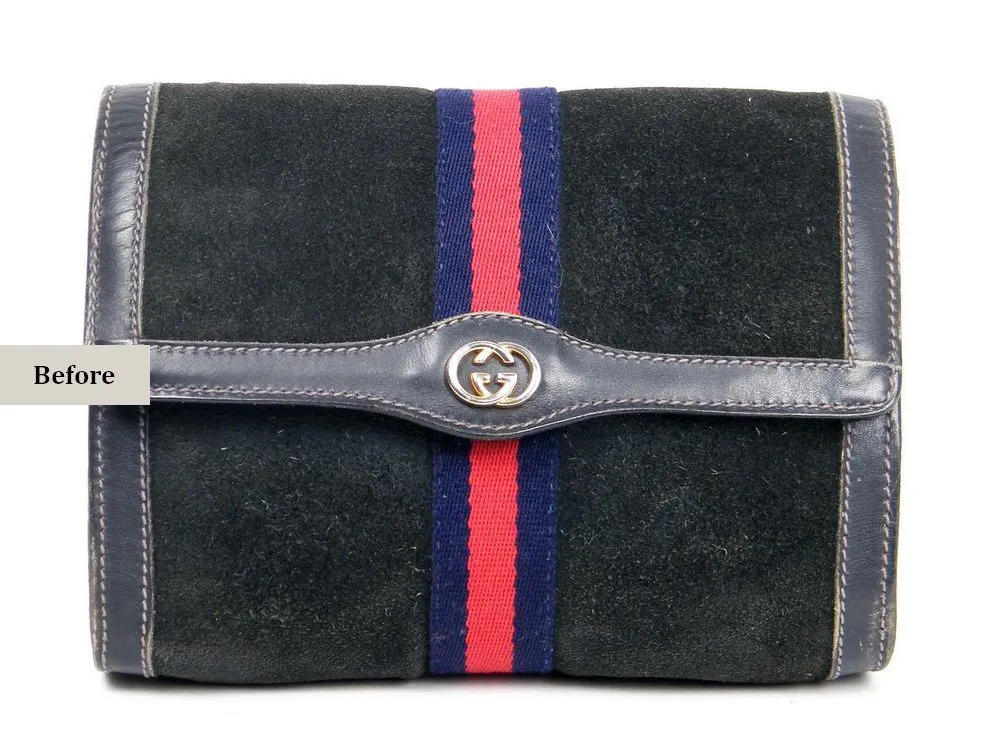 gucci-vintage-suede-bag-before-restoration-front-nappa תיק גוצי וינטג' זמש שחור לפני חידוש – מבט קדמי