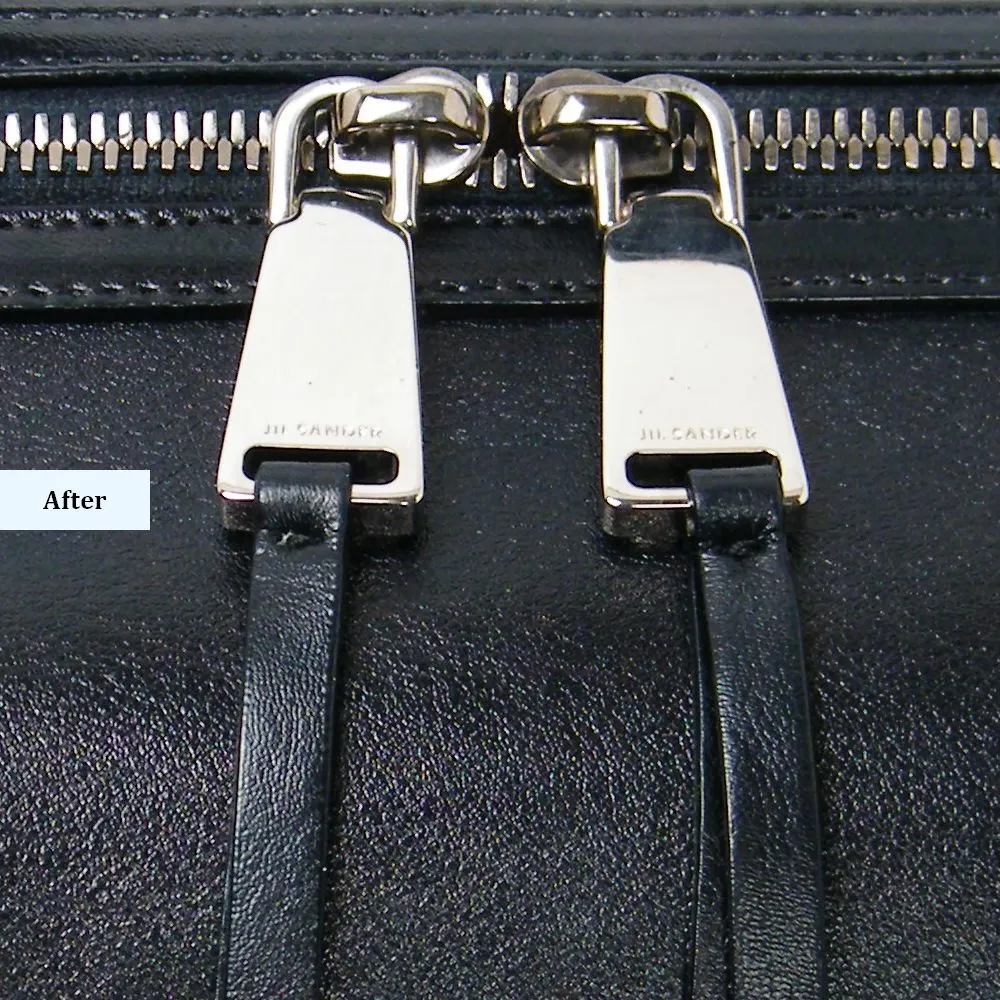רוכסן ואביזרי מתכת בתיק עור Jil Sander לאחר שינוי צבע ושיקום מלא