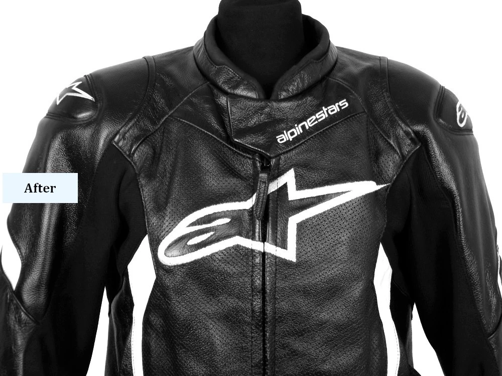 תקריב מעיל Alpinestars לאחר ניקוי ושימון – עור רך עם ברק טבעי וגימור איכותי