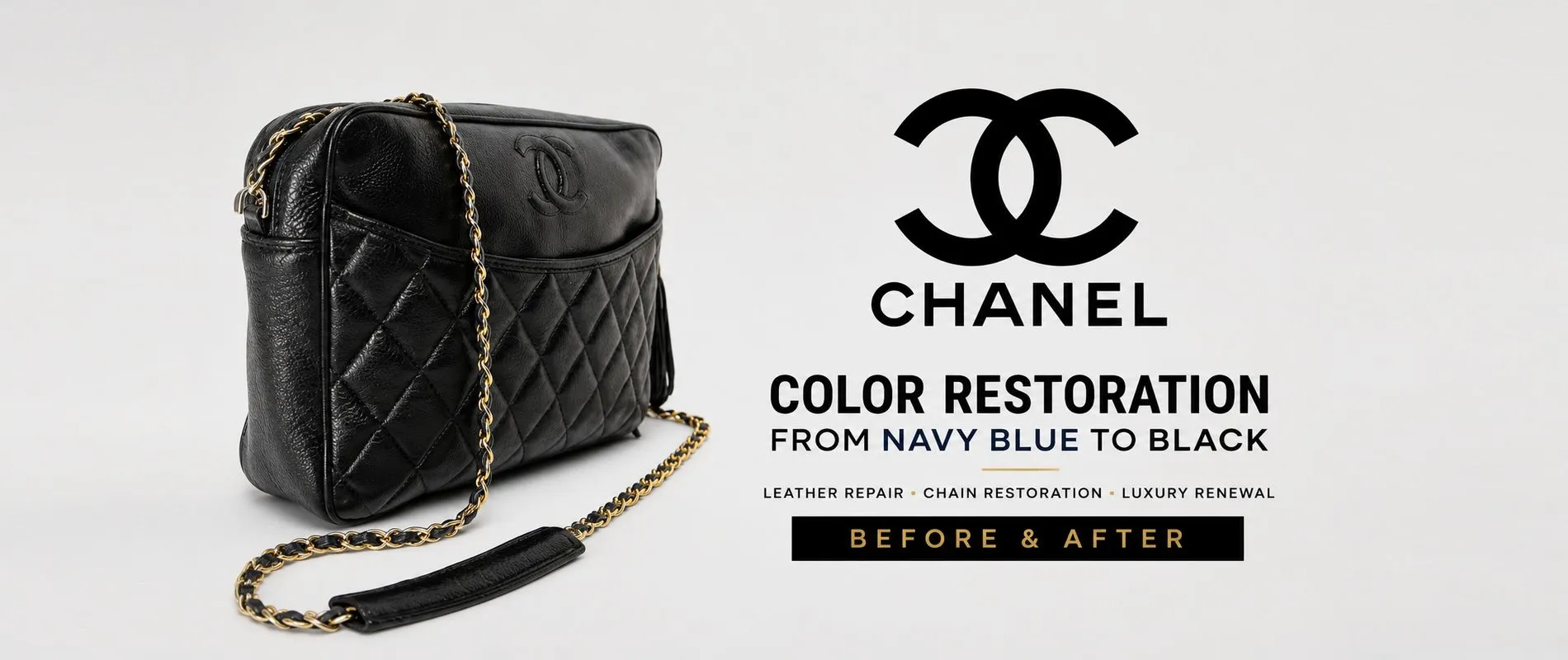 Chanel bag restoration before and after color change from navy blue to black including leather repair and chain restoration