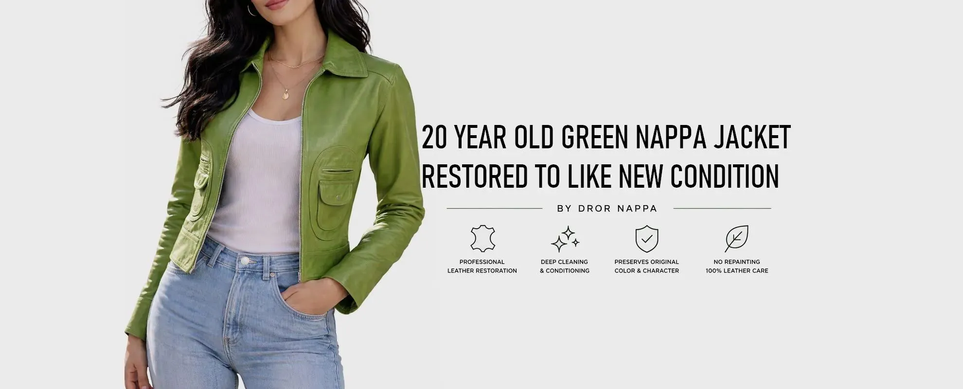 Green nappa leather jacket restoration before and after professional leather conditioning and rejuvenation