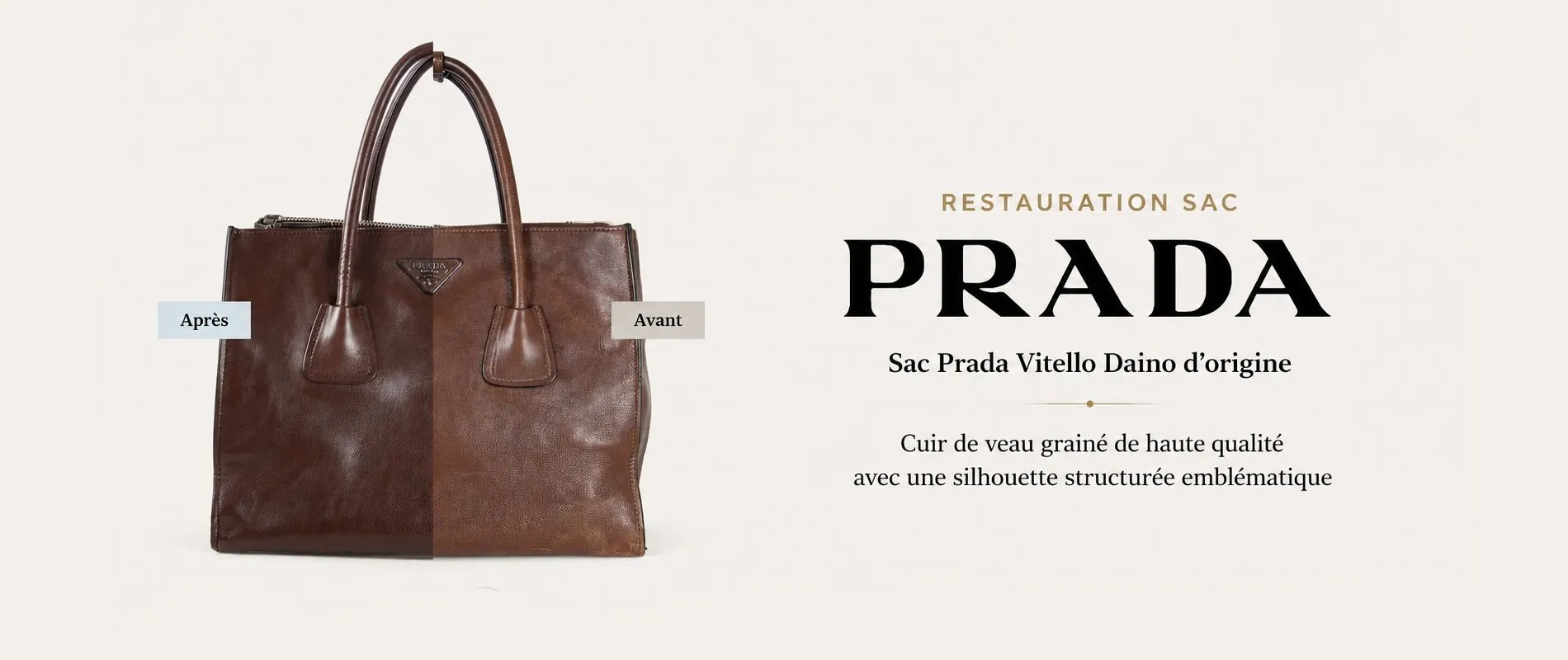 Restauration sac Prada Vitello Daino avant après – nettoyage, recoloration et rénovation professionnelle du cuir