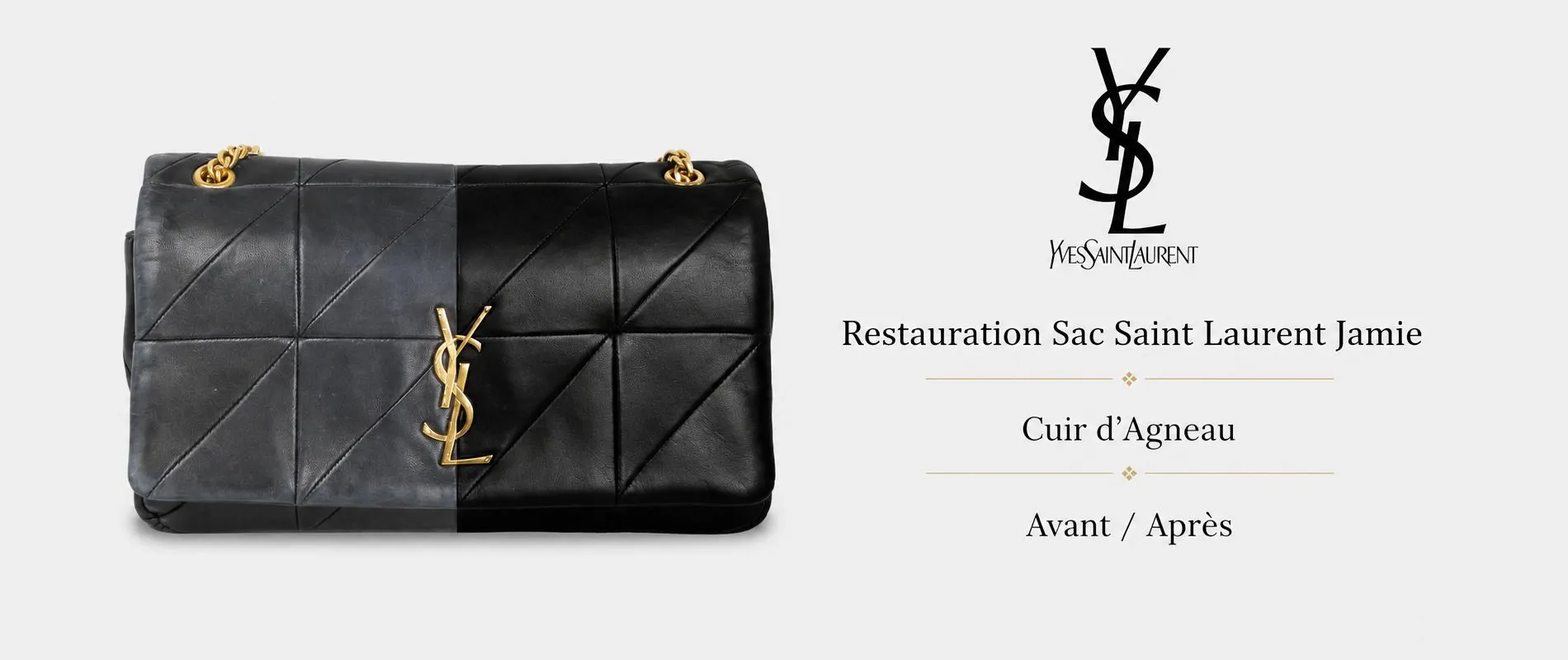 Restauration sac Saint Laurent Jamie en cuir d’agneau avant après recoloration noire