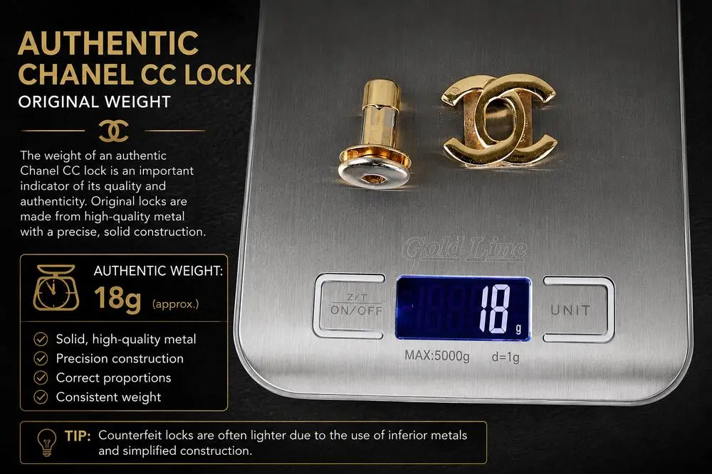 Authentic Chanel CC lock weighing 18 grams on digital scale