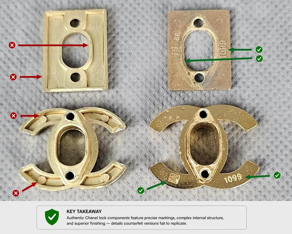 Authentic Chanel lock internal components compared with counterfeit hardware showing casting marks and construction differences