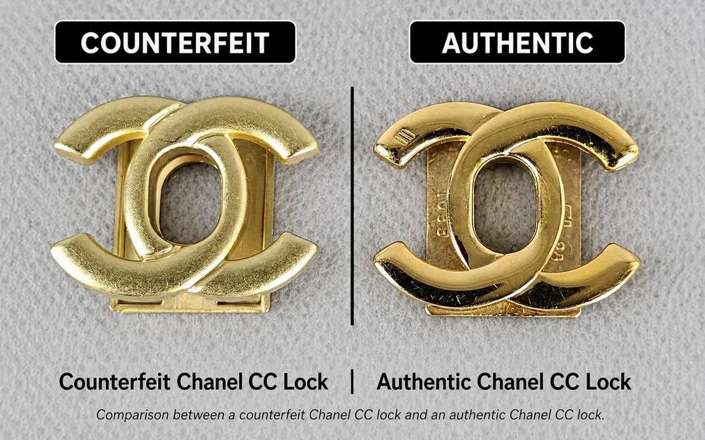 Counterfeit vs authentic Chanel CC lock front comparison showing differences in shape, finish and construction