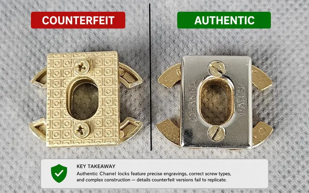 Counterfeit vs authentic Chanel lock backplate comparison with engraving and screw details