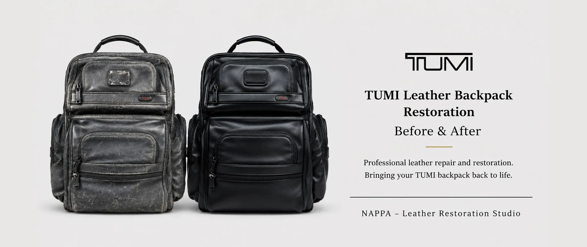 TUMI backpack restoration before and after professional leather repair and renewal