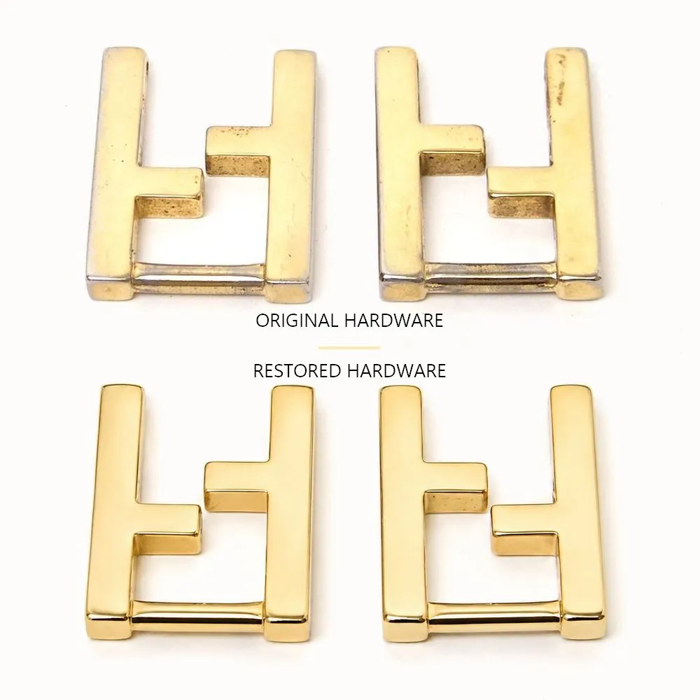 Original and restored Fendi gold hardware after polishing and restoration