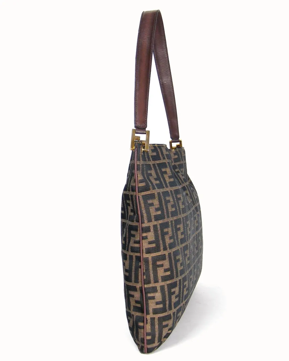 Side view of restored Fendi Zucca shoulder bag with renewed leather piping