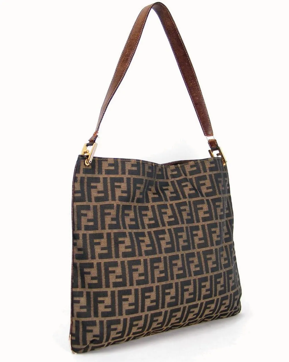 Angled view of a restored Fendi Zucca shoulder bag after complete leather restoration