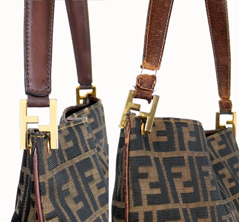 Close-up of restored Fendi hardware and renewed leather strap